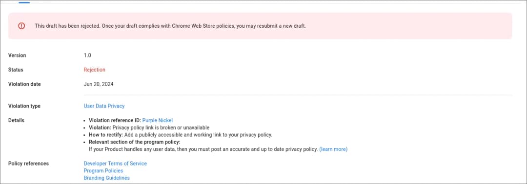 Google Extension Rejection