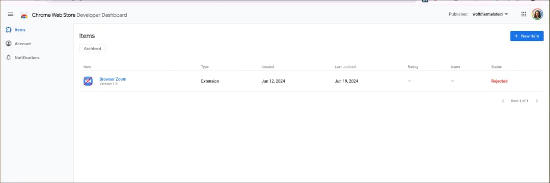 Chrome developer dashboard