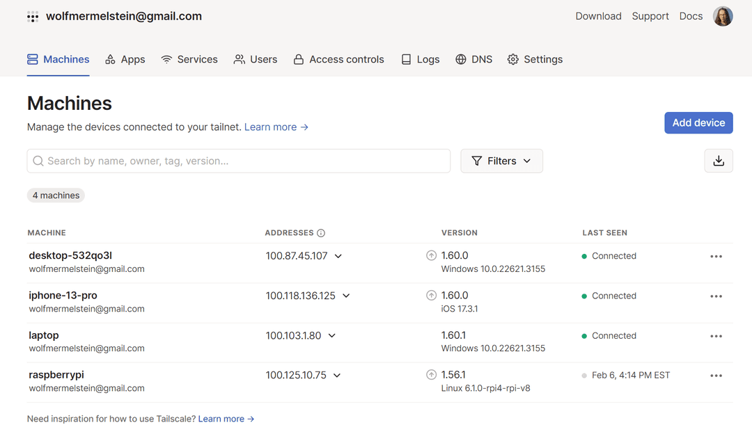 Tailscale dashboard